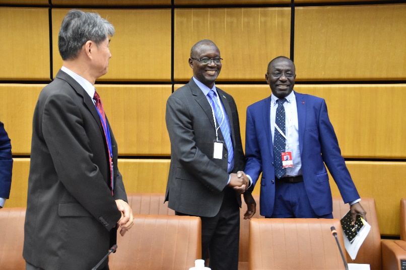 From left to right, the IAEA Deputy Director General, Hua Liu, the new AFRA Chair, Dr Fidèle Ndahayo and the former AFRA Chair, Dr Ali Ada during the meeting (Photo: Dean Calma / IAEA)